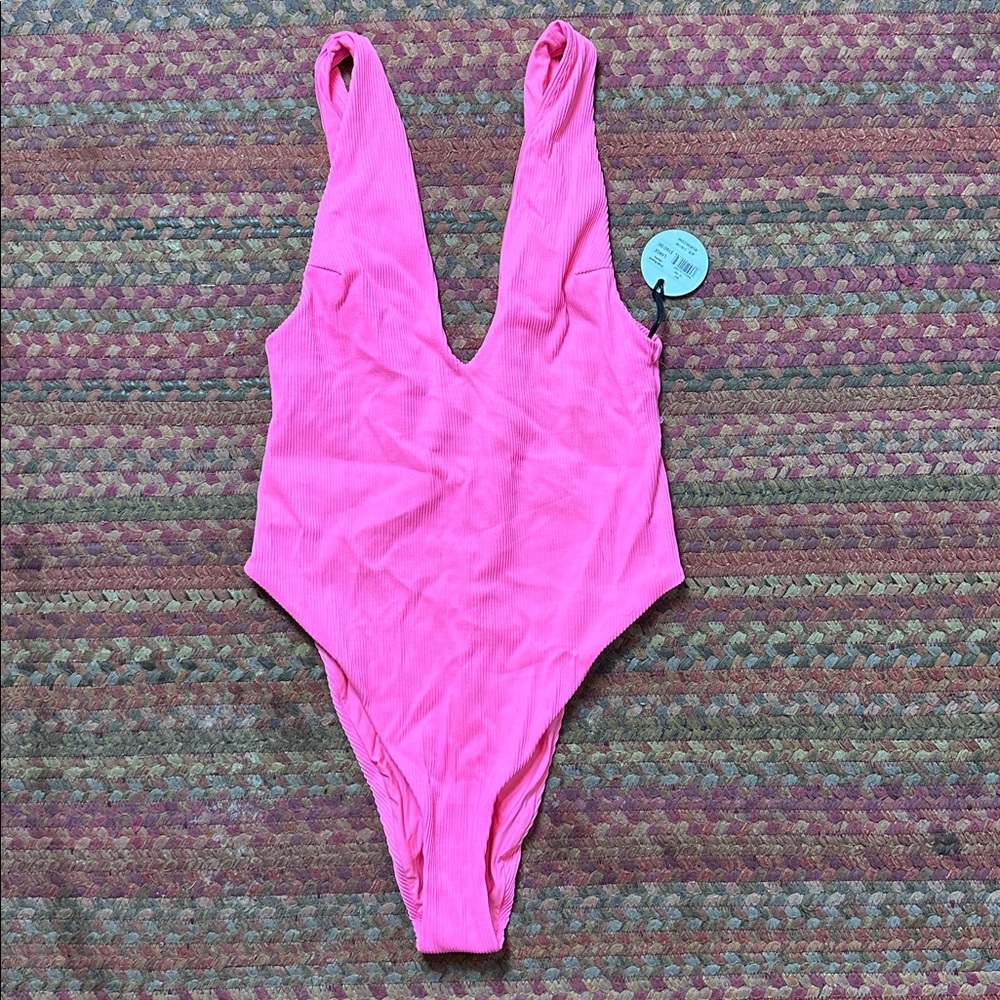 NWT B SWIM HOT PINK RIBBED DEEP V ONE PIECE CHEEKY